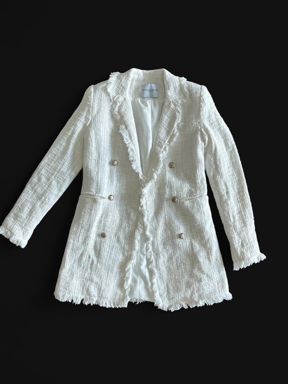 Carolina Belle White Frayed Edge Tweed BlazerJacket With Gold accent buttons S
